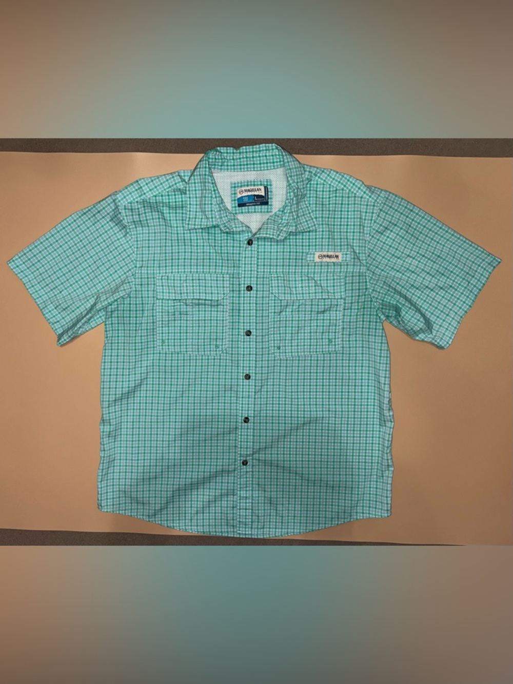 Magellan Fish Gear Shirt Men’s Large Green Short Sleeve Fishing Button Up